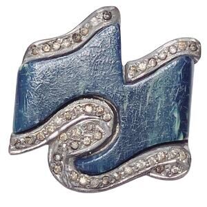 Vintage 1930s Art Deco Silver Tone Brooch w Rhinestones & Blue Galalith